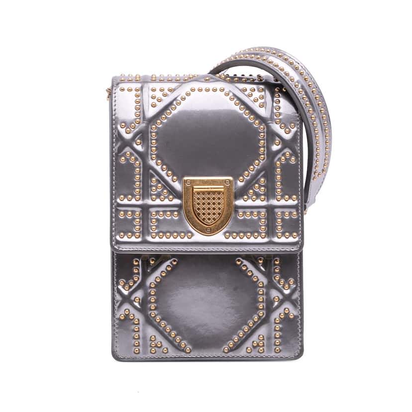 Dior Metallic Studded Calfskin Vertical Diorama Silver Leather Good condition - Front View