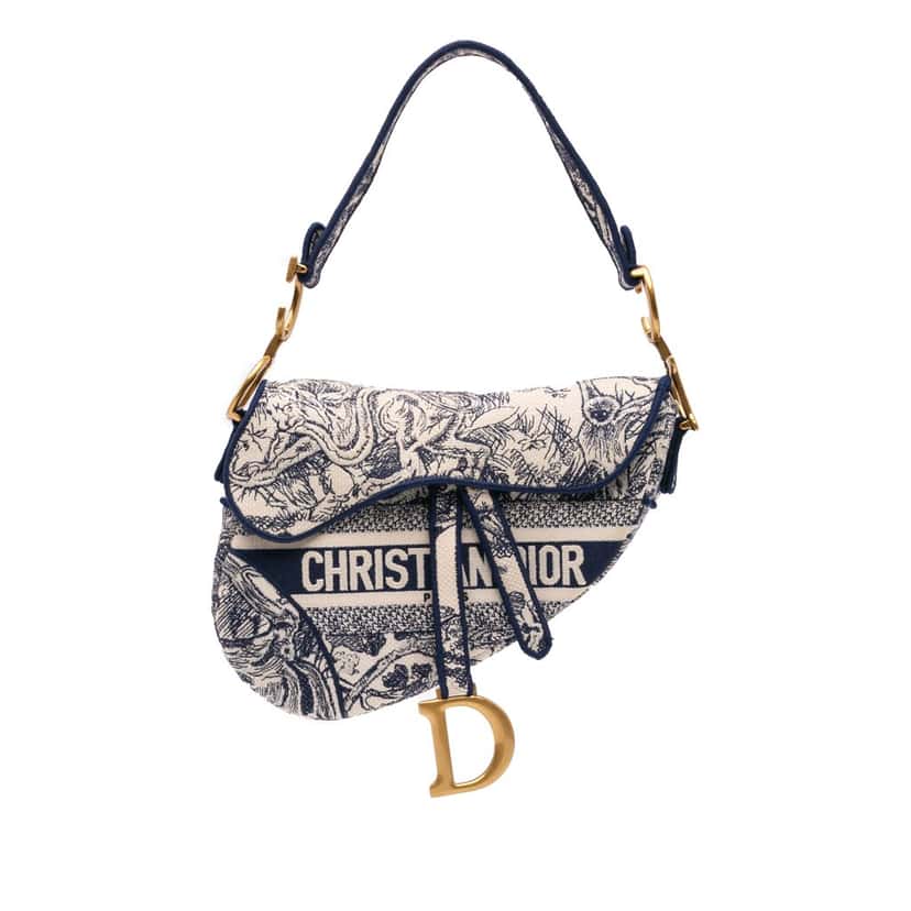 Dior Canvas Embroidered Toile de Jouy Saddle Bag Blue Canvas Good condition - Front View