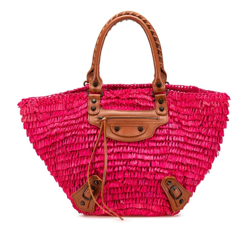 Balenciaga Small Raffia Motocross Panier Basket Tote Pink Good condition - Front View