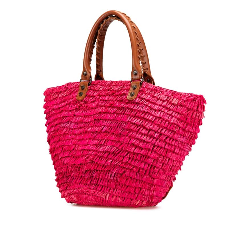 Balenciaga Small Raffia Motocross Panier Basket Tote Pink Good condition - Back View