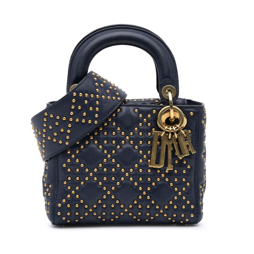 Dior Mini Lambskin Cannage Studded Supple Lady Dior Blue Leather Good condition - Front View