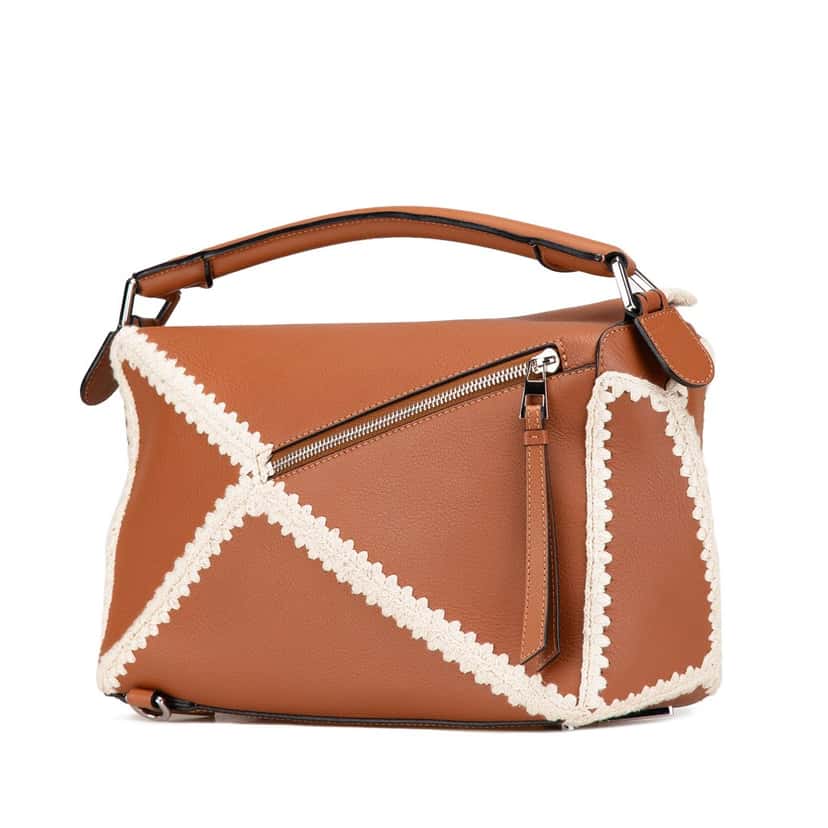 Loewe Medium Calfskin Crochet Trim Puzzle Satchel Brown Leather Good condition - Back View