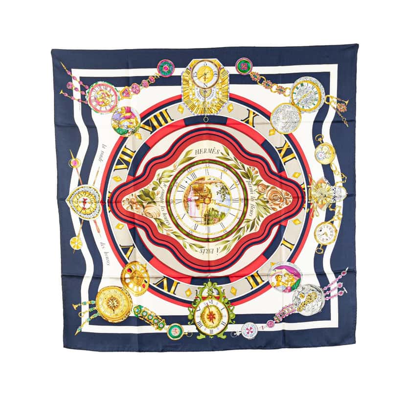 Hermès Parmi Les Fleurs Je Compte Les Heures Silk Scarf Blue Silk Good condition - Front View