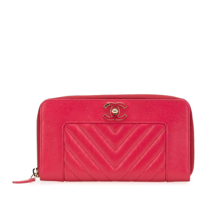 Chanel Chevron Sheepskin Mademoiselle Zip Around Wallet Red Leather Good condition - Front View