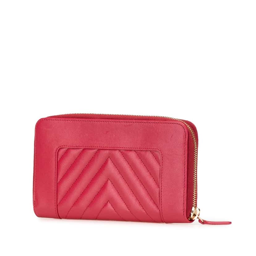 Chanel Chevron Sheepskin Mademoiselle Zip Around Wallet Red Leather Good condition - Back View