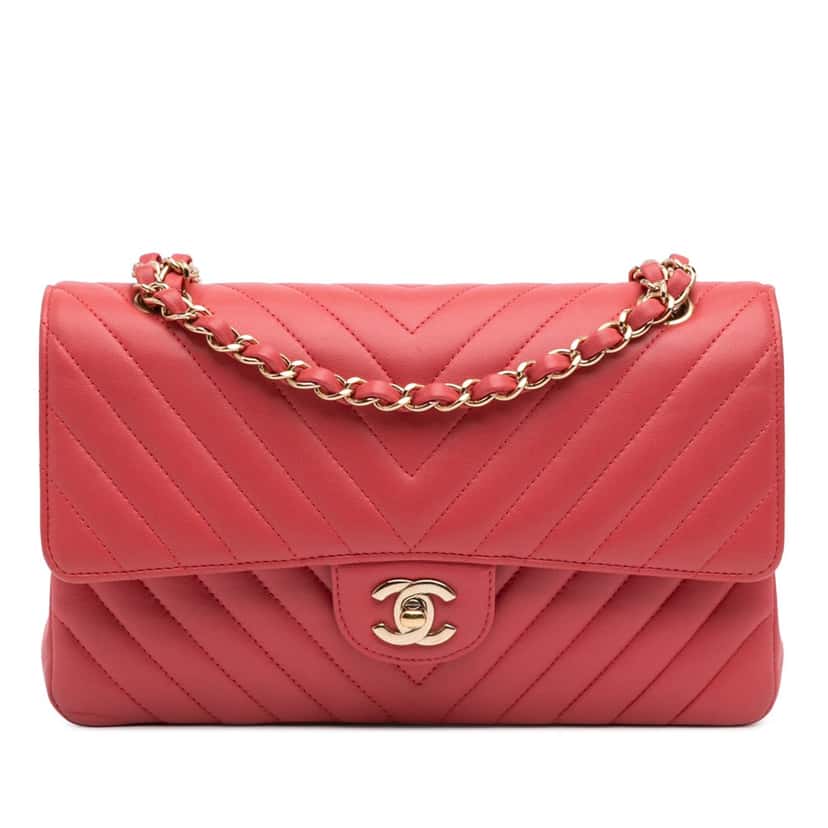 Chanel Medium Classic Chevron Lambskin Double Flap Red Leather Very good condition - Front View