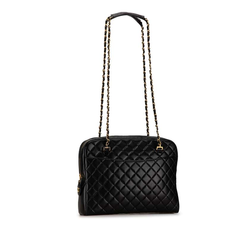 Chanel Quilted Lambskin Chain Shoulder Bag Black Leather Good condition - Back View
