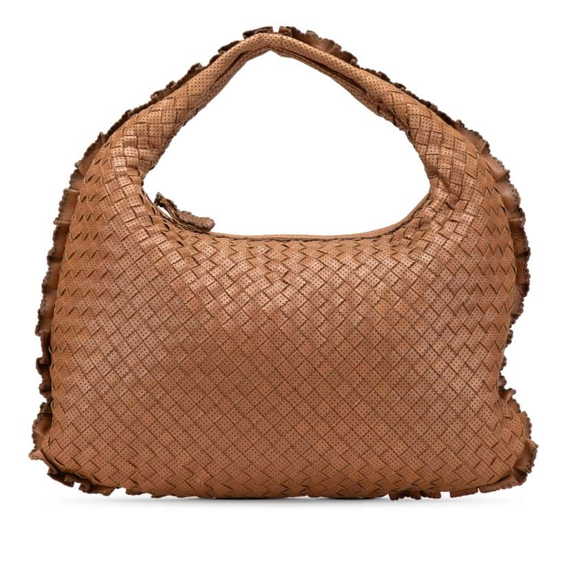 Bottega Veneta Small Perforated Nappa Intrecciato Veneta Hobo Brown Leather Good condition - Front View