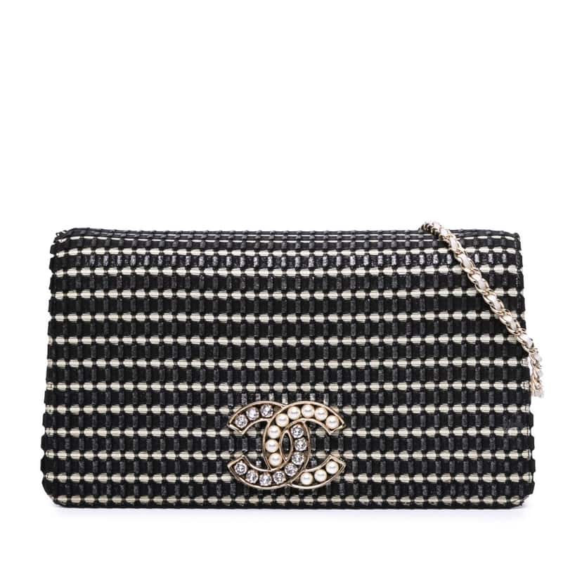 Chanel CC Bicolor Woven Lambskin Crystal Pearl Flap Black Leather Good condition - Front View