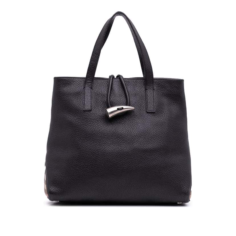 Burberry House Check Trimmed Grainy Calfskin Horn Toggle Tote Black Leather Good condition - Front View