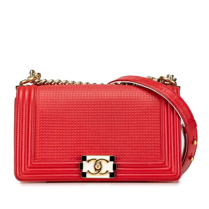 Chanel Old Medium Lambskin Embossed Cube Boy Flap Red Leather Good condition - Front View