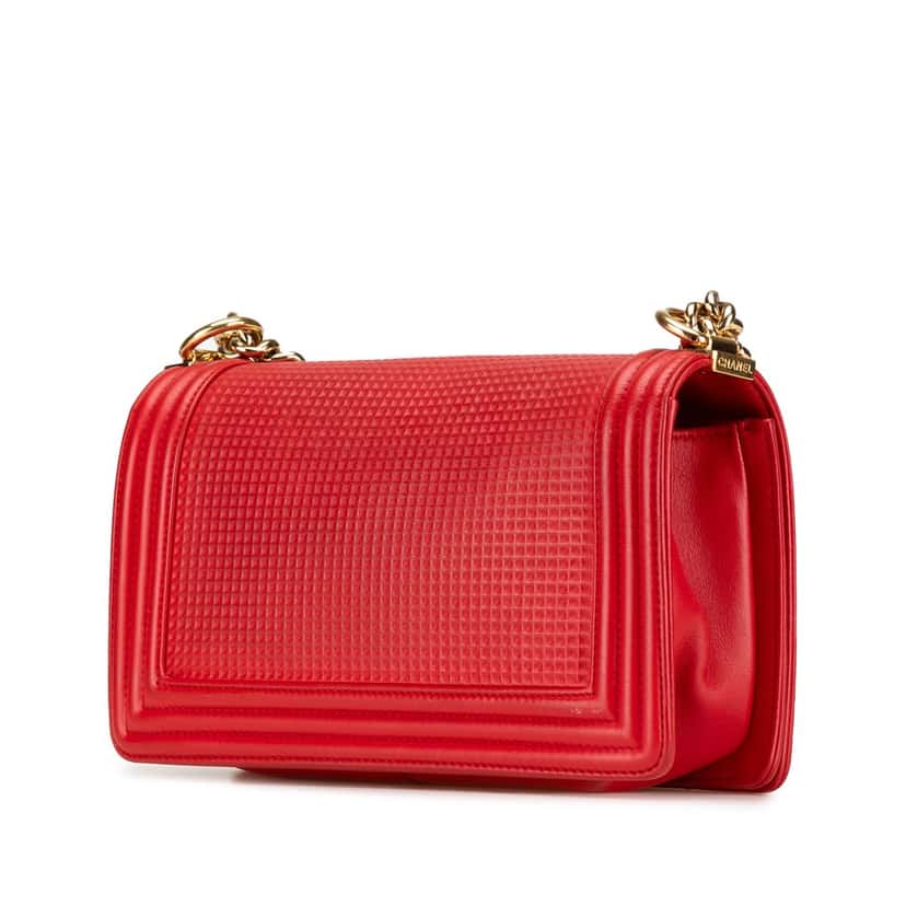 Chanel Old Medium Lambskin Embossed Cube Boy Flap Red Leather Good condition - Back View