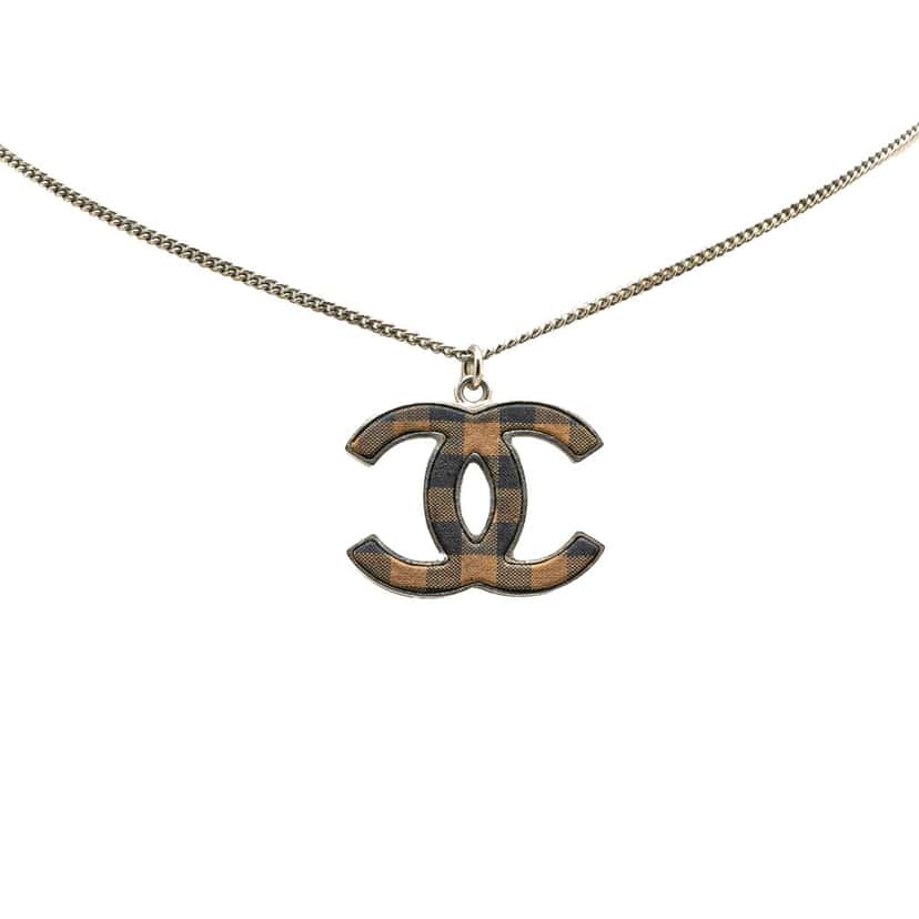 Chanel Silver Checkered CC Pendant Necklace Silver Brass Good condition - Front View