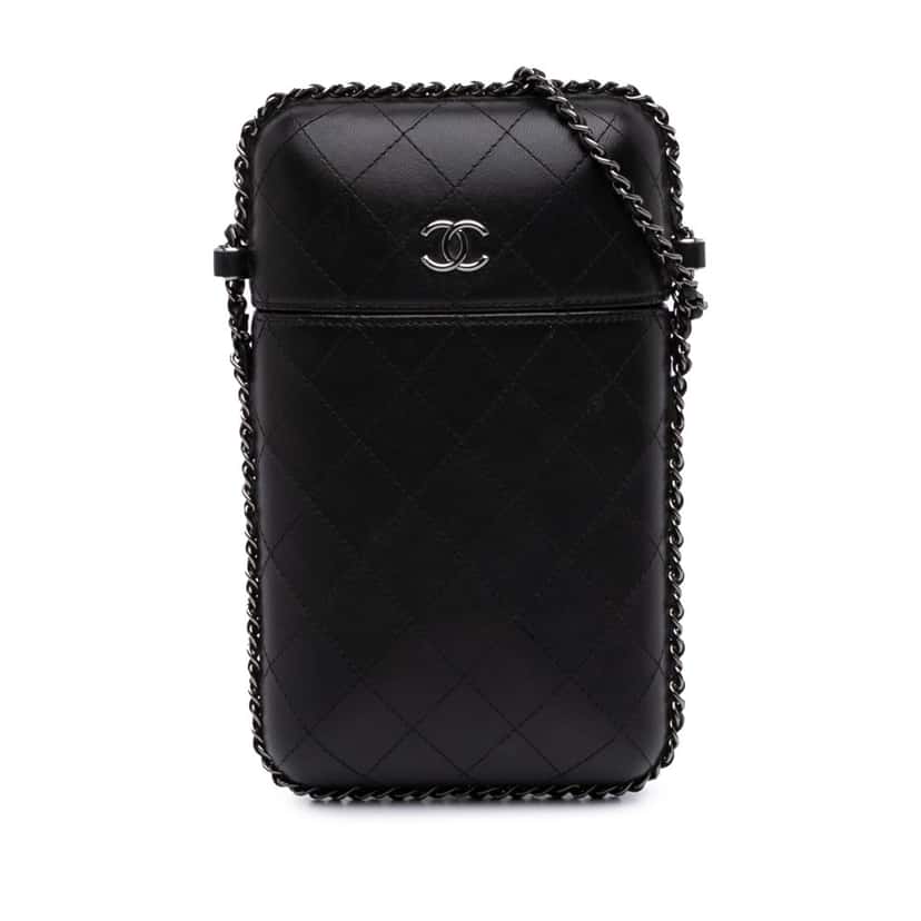 Chanel CC Quilted Lambskin Chain Around Phone Holder Black Leather Good condition - Front View