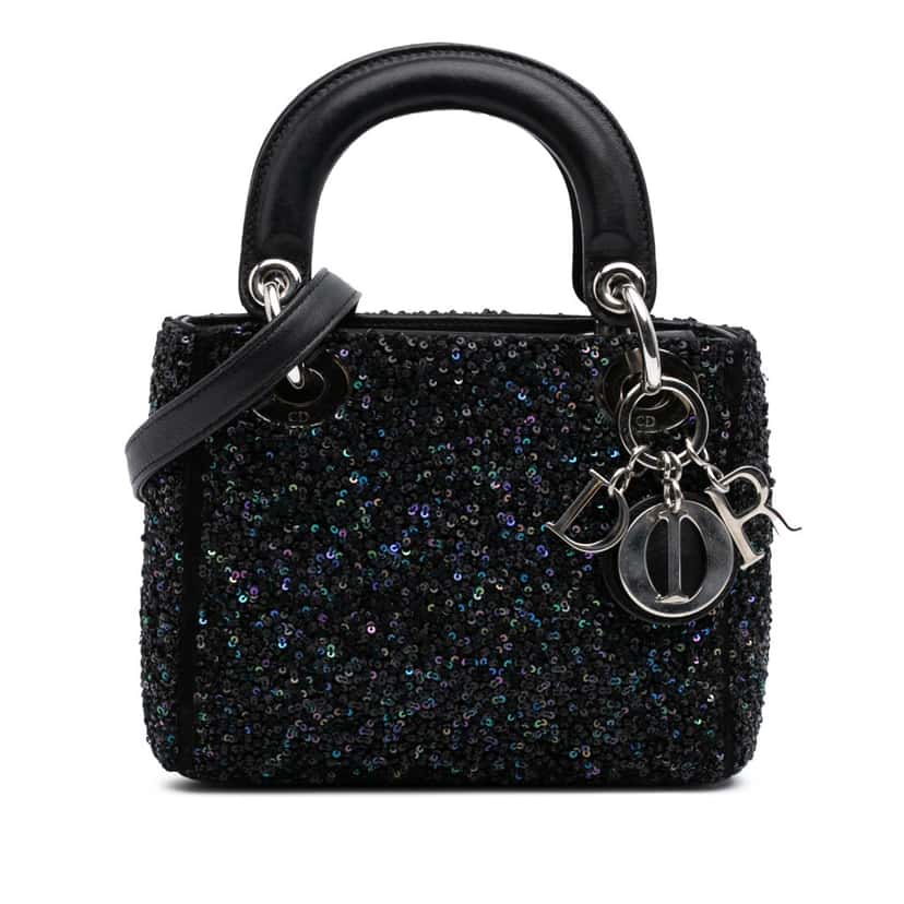 Dior Mini Satin Sequin Embellished Lady Dior Black Satin Good condition - Front View