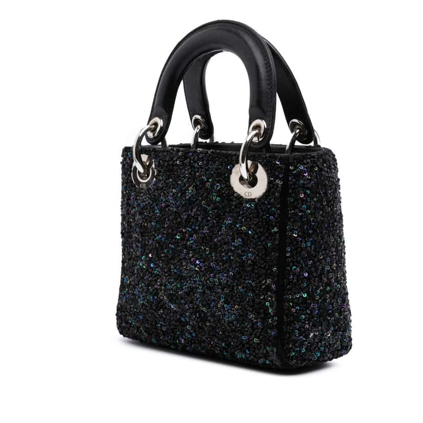 Dior Mini Satin Sequin Embellished Lady Dior Black Satin Good condition - Back View