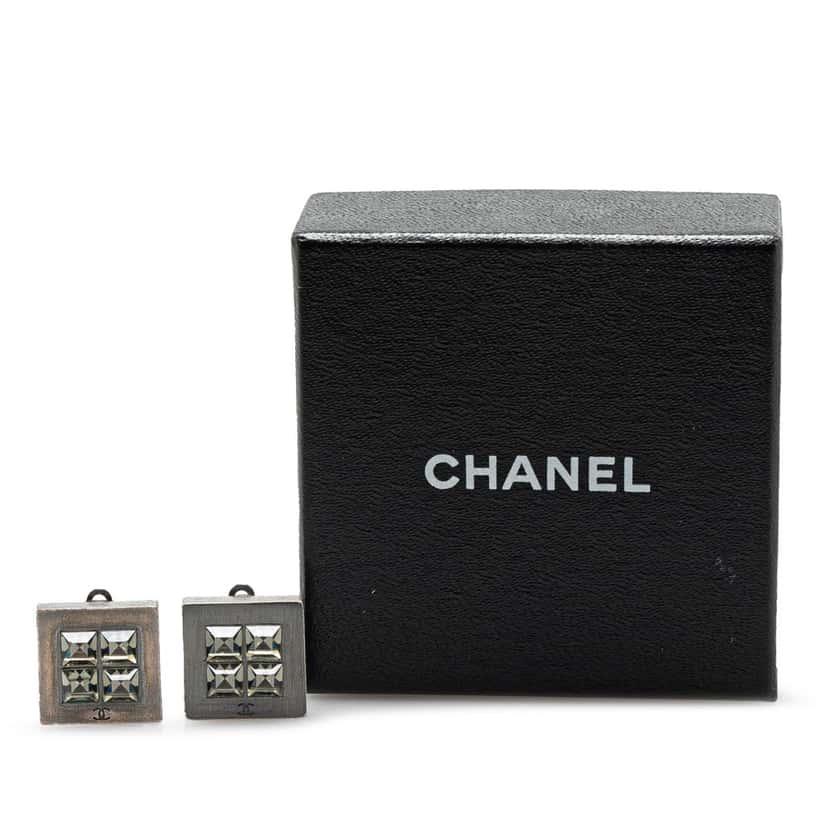 Chanel Silver Plated Square Crystal Clip On Earrings Silver Silver Good condition - Model View