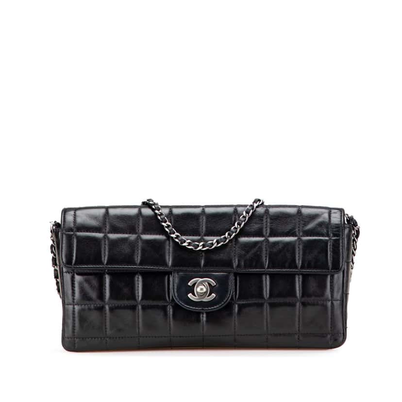 Chanel Chocolate Bar Lambskin East West Flap Black Leather Good condition - Front View
