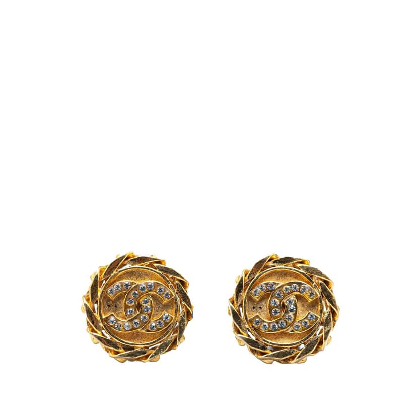 Chanel Gold Plated CC Crystal Clip On Earrings Gold Metal Good condition - Front View