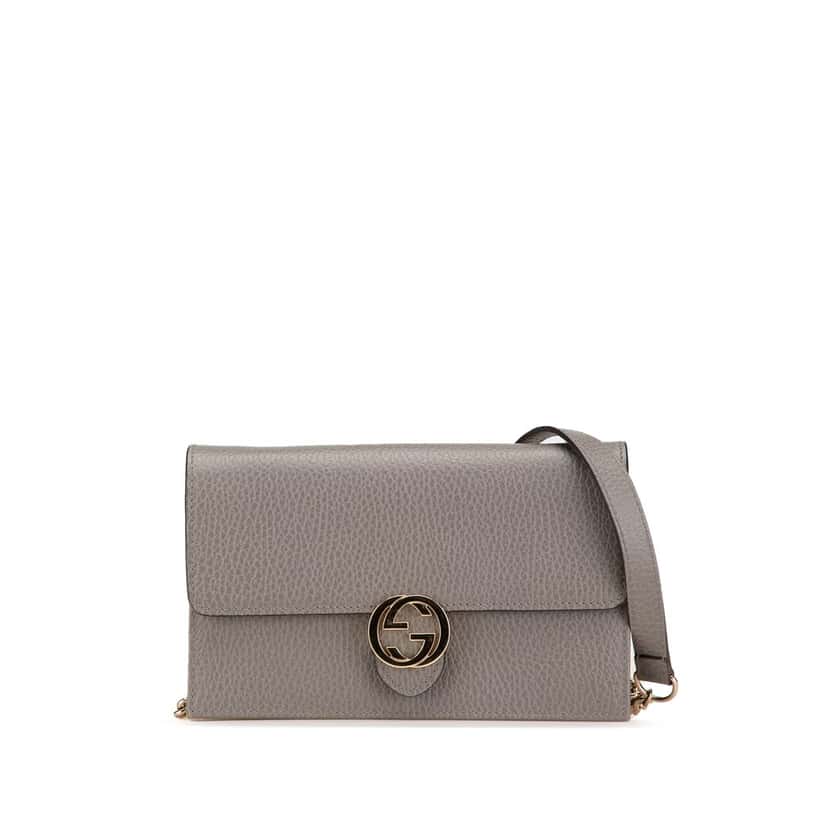 Gucci Leather Interlocking G Dollar Wallet on Chain Grey Leather Good condition - Front View