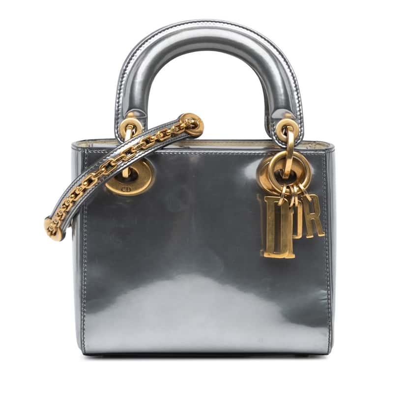 Dior Mini Metallic Glazed Calfskin Lady Dior Silver Leather Good condition - Front View