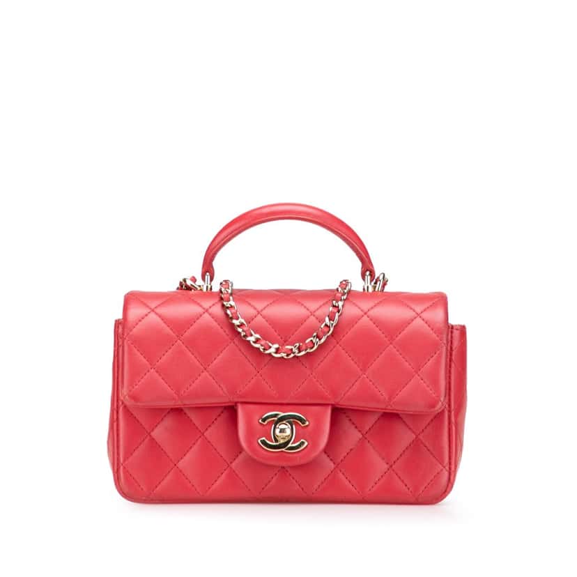 Chanel Mini Rectangular Lambskin Top Handle Single Flap Red Leather Good condition - Front View
