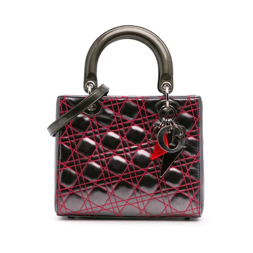 Dior Anselm Reyle Medium Metallic Lambskin Cannage Lady Dior Grey Leather Good condition - Front View