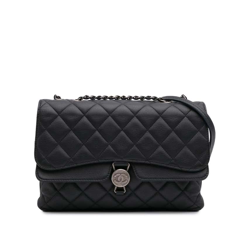 Chanel Small Quilted Grained Calfskin CC Round Clasp Accordion Flap Black Leather Good condition - Front View