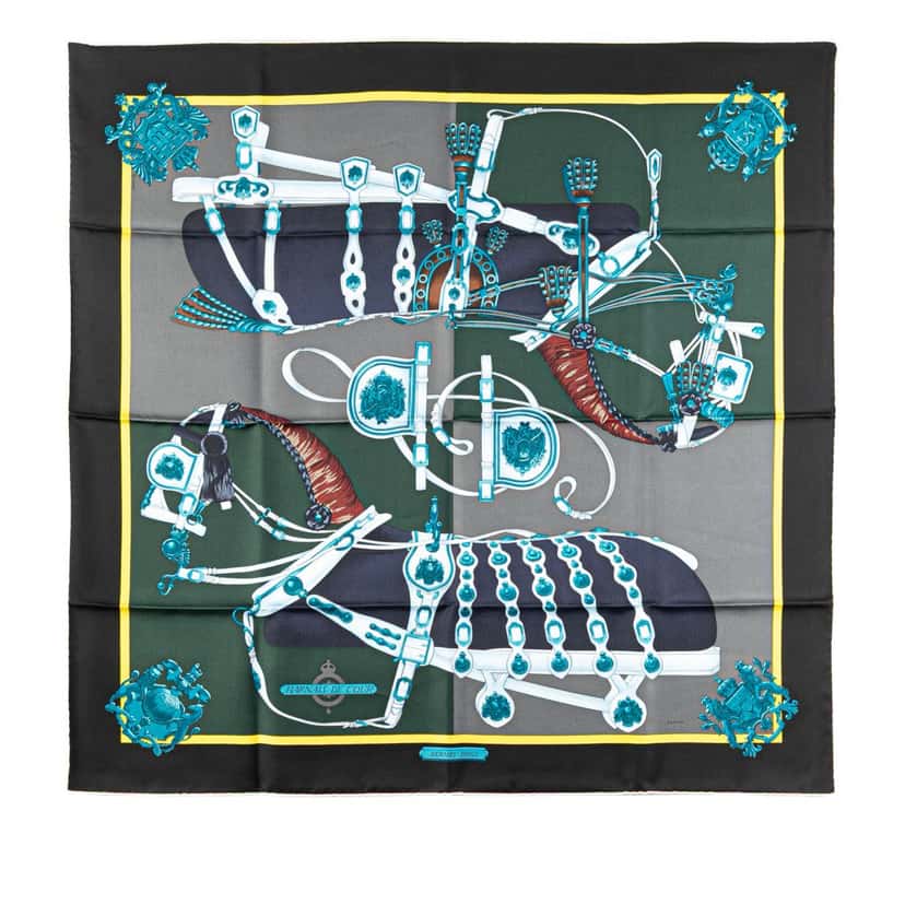 Hermès Harnais De Cour Silk Scarf Grey Silk Very good condition - Front View