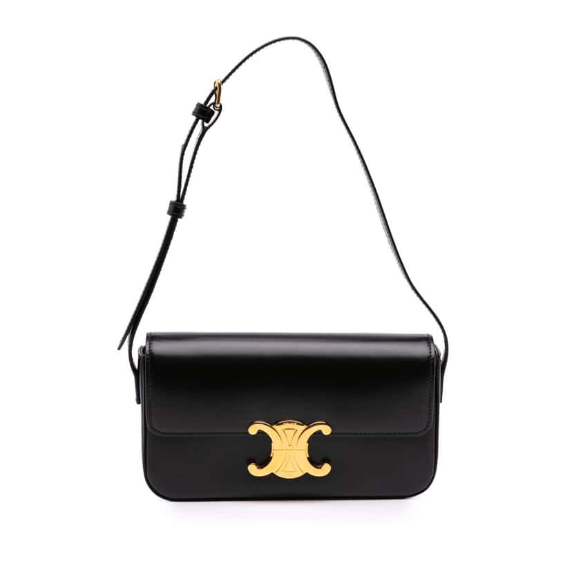 Celine Shiny Calfskin Claude Shoulder Bag Black Leather Good condition - Front View