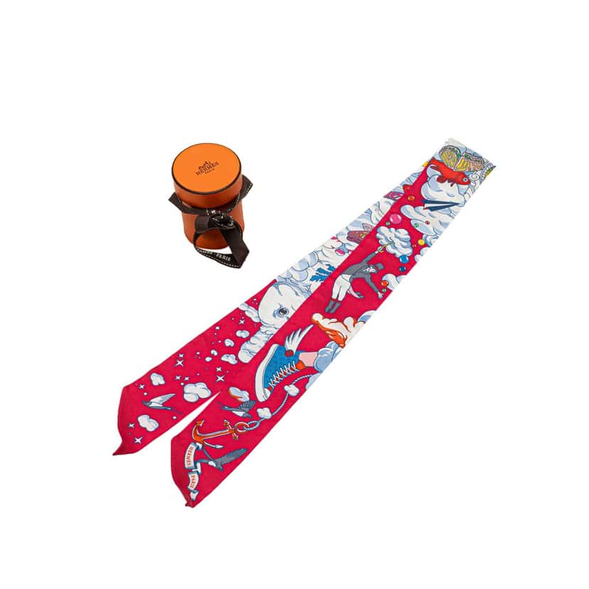 Hermès Sur Mon Nuage Silk Twilly Scarf Pink Silk Very good condition - Box View