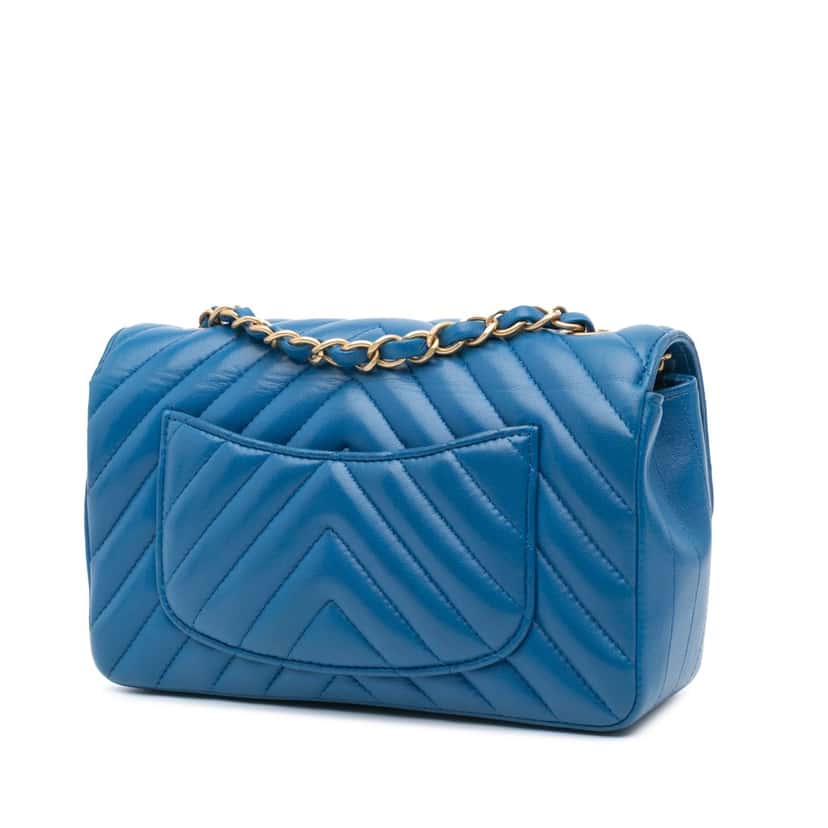 Chanel Mini Rectangular Classic Chevron Lambskin Single Flap Blue Leather Good condition - Back View
