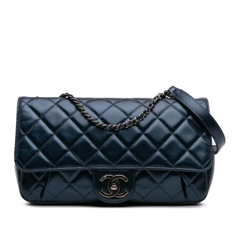 Chanel Quilted Glazed Calfskin Coco Pleats Flap Blue Leather Good condition - Front View