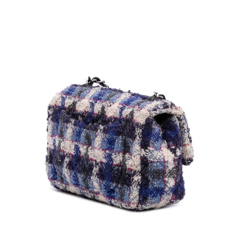 Chanel Mini Rectangular Classic Tweed Single Flap Blue Tweed Good condition - Back View