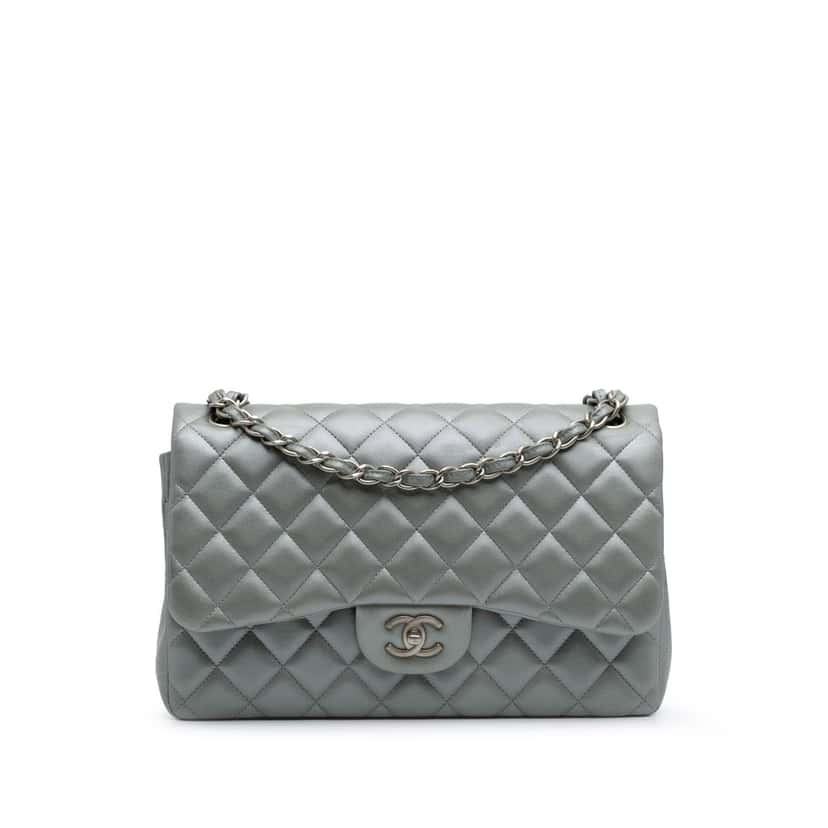 Chanel Jumbo Classic Lambskin Double Flap Silver Leather Good condition - Front View
