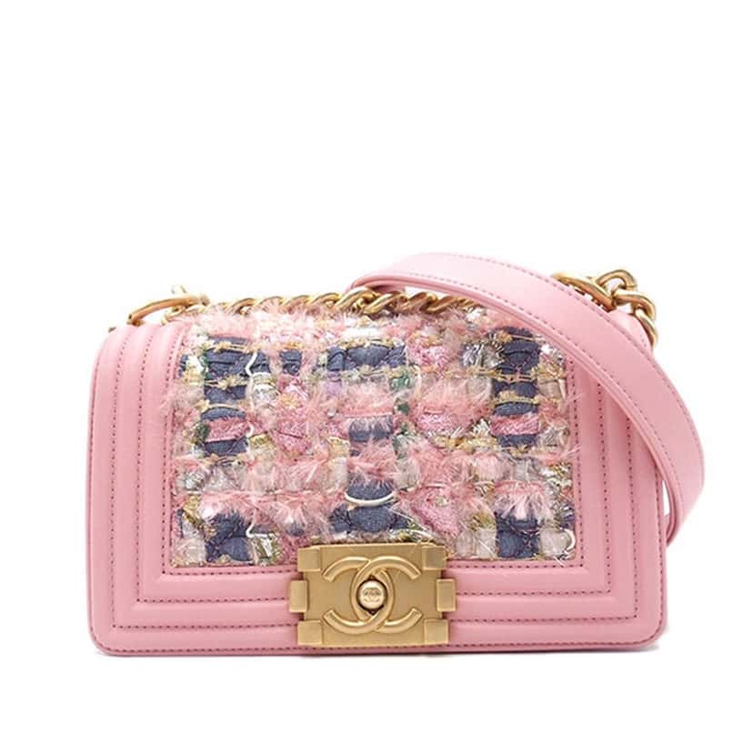 Chanel Small Tweed and Lambskin Boy Flap Pink Tweed Good condition - Front View