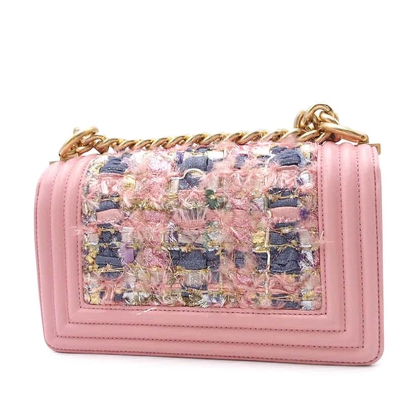 Chanel Small Tweed and Lambskin Boy Flap Pink Tweed Good condition - Back View