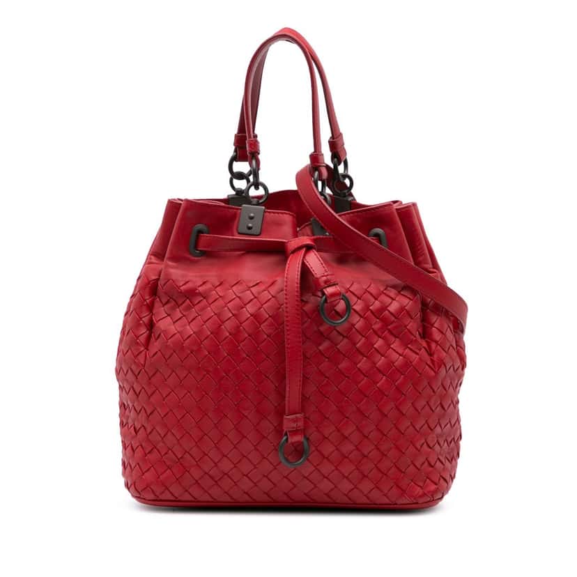 Bottega Veneta Nappa Intrecciato Bucket Bag Red Leather Good condition - Front View