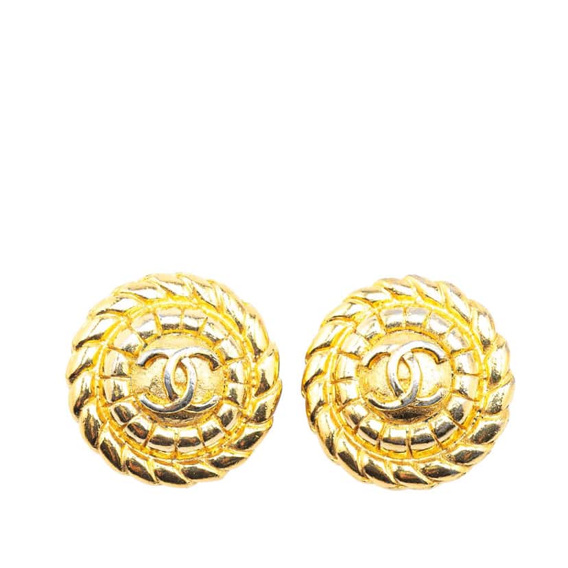 Chanel Gold Plated CC Round Clip On Earrings Gold Metal Good condition - Front View