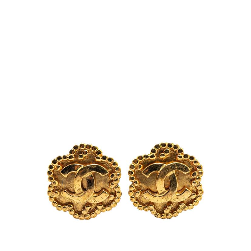Chanel Gold Plated CC Flower Clip On Earrings Gold Metal Good condition - Front View