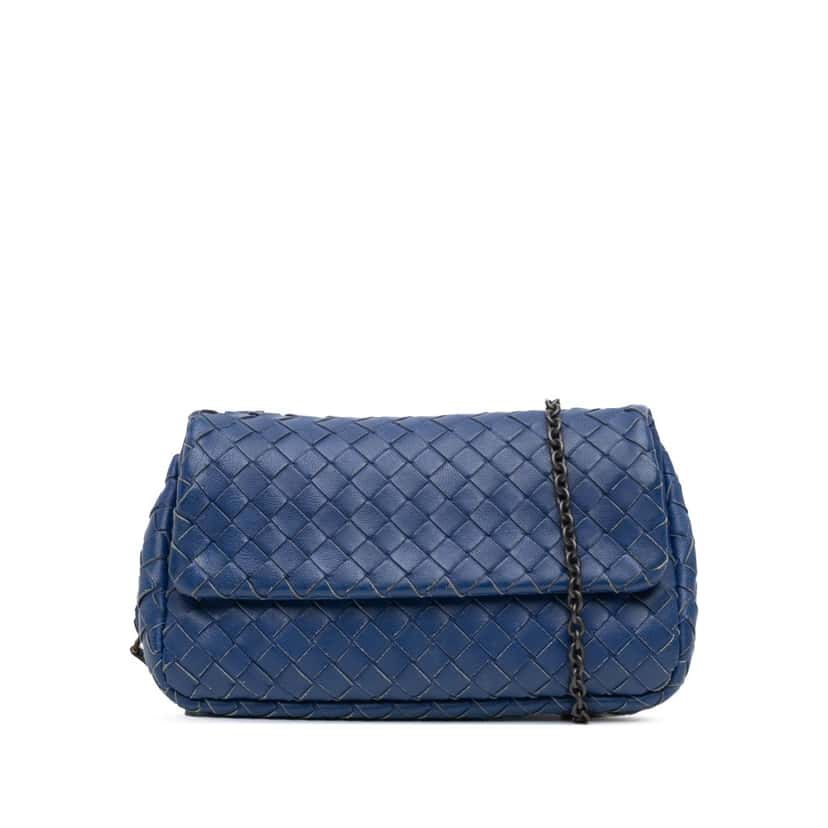 Bottega Veneta Intrecciato Chain Flap Crossbody Blue Leather Good condition - Front View