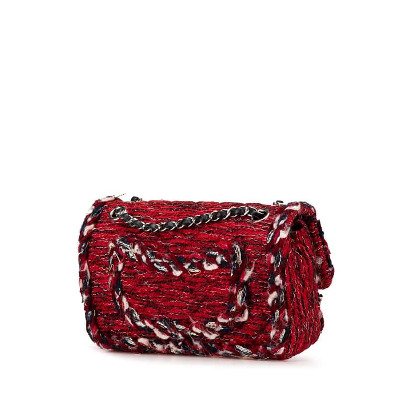 Chanel Medium Tweed Braided Charms Double Flap Red Tweed Good condition - Back View