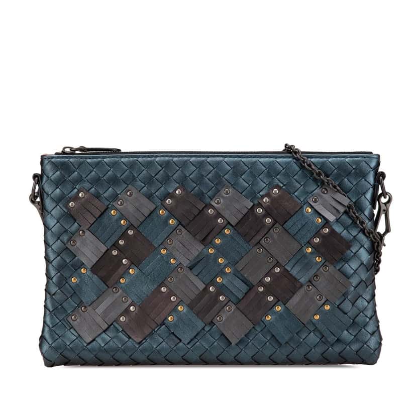 Bottega Veneta Nappa Intrecciato Studded Biletto Chain Crossbody Blue Leather Good condition - Front View