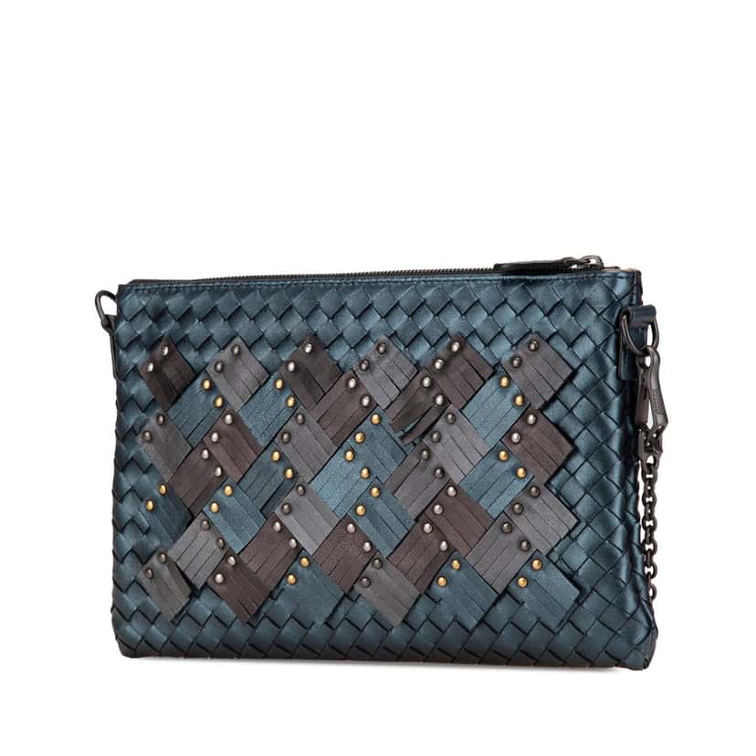 Bottega Veneta Nappa Intrecciato Studded Biletto Chain Crossbody Blue Leather Good condition - Back View