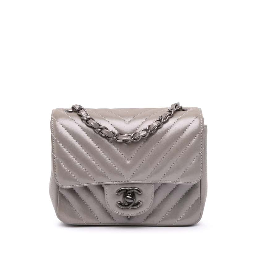 Chanel Mini Square Classic Chevron Iridescent Calfskin Single Flap Brown Leather Very good condition - Front View