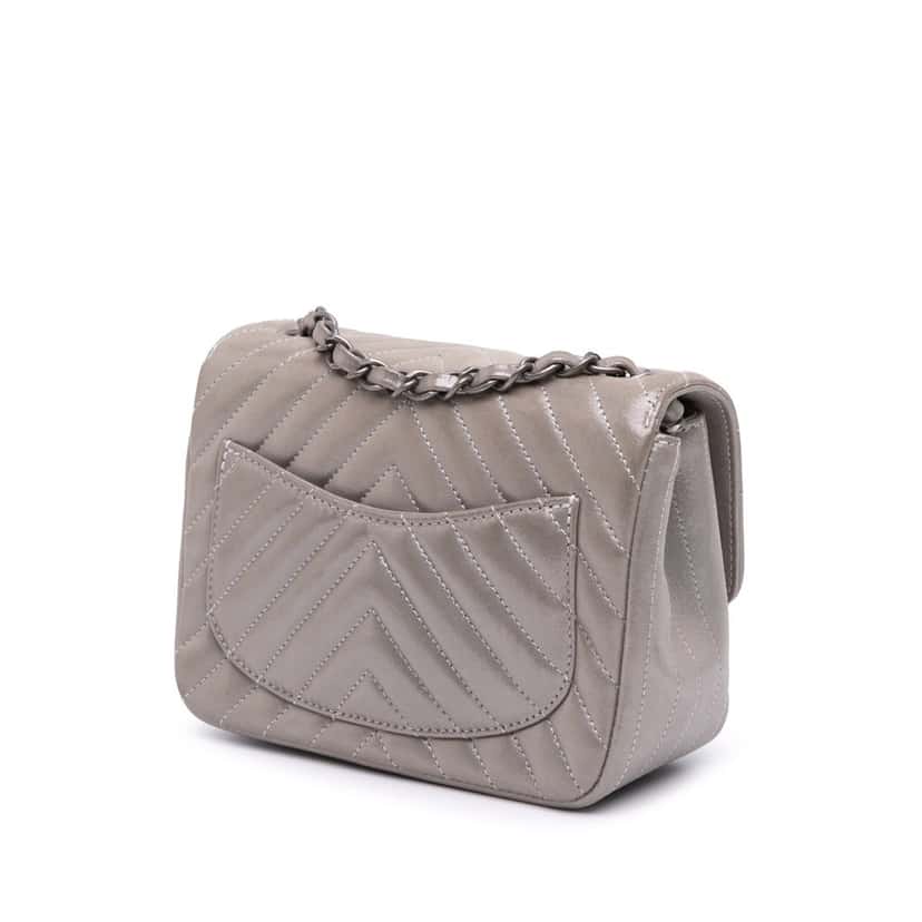 Chanel Mini Square Classic Chevron Iridescent Calfskin Single Flap Brown Leather Very good condition - Back View