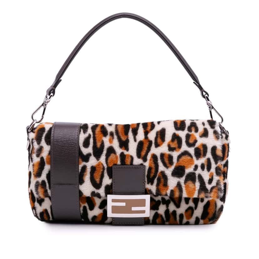 Fendi Leopard Print Calf Hair Baguette Satchel Brown Good condition - Front View