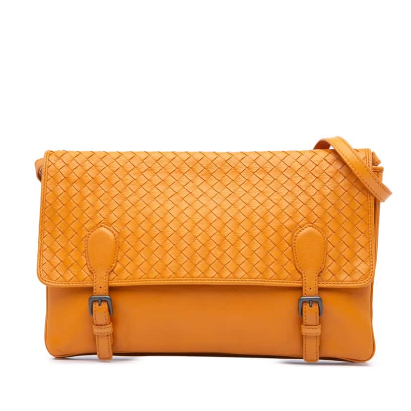 Bottega Veneta Nappa Intrecciato Flap Shoulder Bag Orange Leather Good condition - Front View