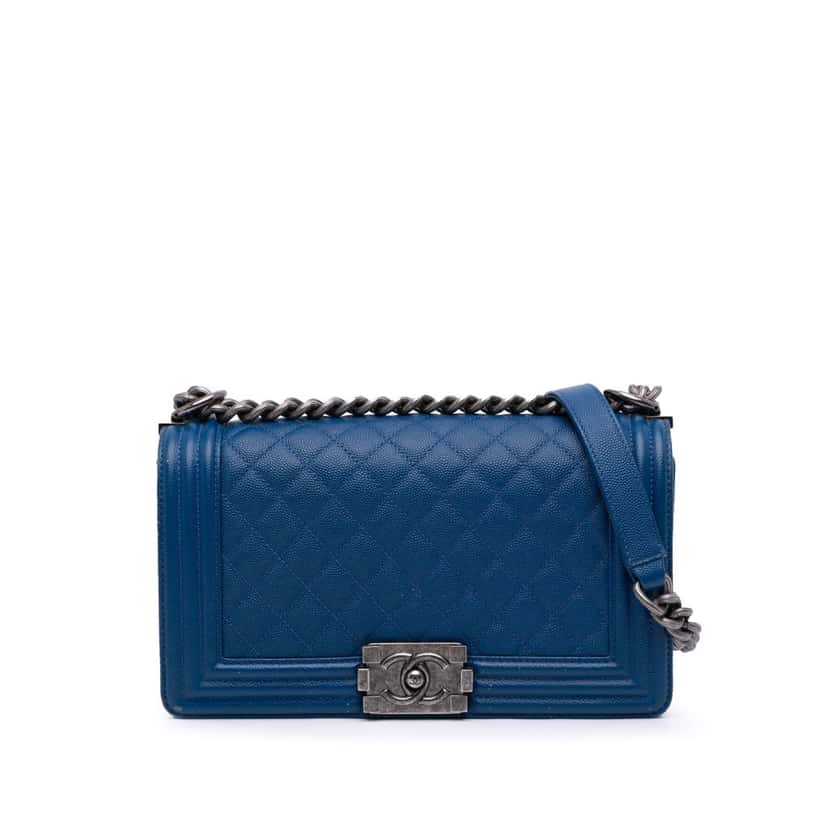 Chanel Old Medium Quilted Caviar Boy Flap Blue Leather Good condition - Front View