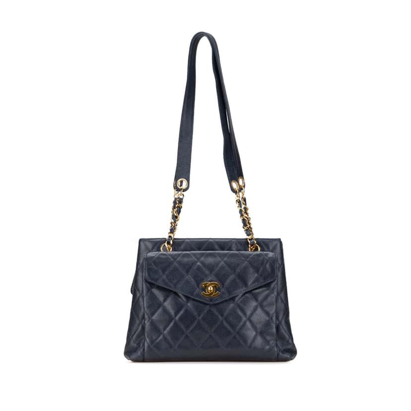 Chanel Quilted Caviar Front Pocket Chain Tote Blue Leather Good condition - Front View